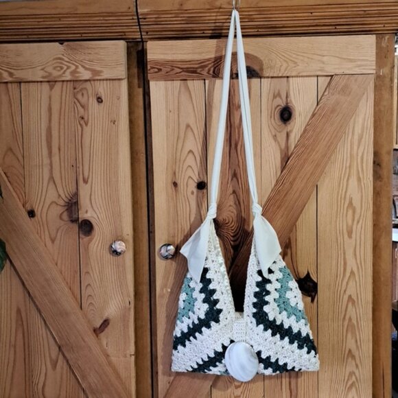 Hand Crafted Crochet Granny Square Three Triangle Cotton Bag Purse Tote - Picture 12 of 13